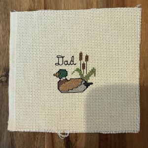 Finished Cross Stitch Mallard Drake Duck “Dad” 6x6ish Unframed